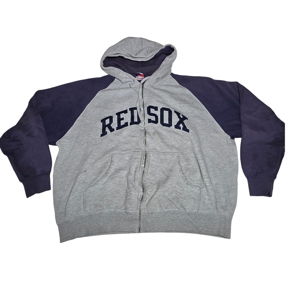 Majestic Boston Red Sox Full Zip Hoodie Mens Grey Navy Blue Raglan Sweatshirt
